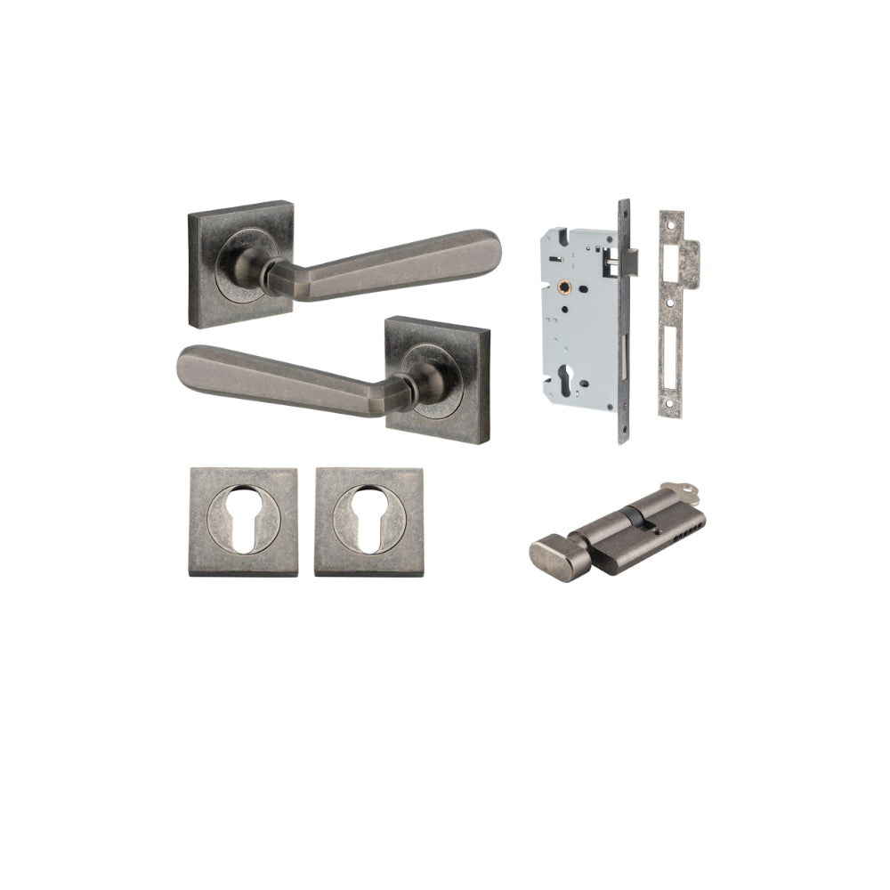 Door Lever Copenhagen Square Rose Distressed Nickel H52xW52xP61mm Entrance Kit, Mortice Lock Euro Distressed Nickel CTC85mm Backset 60mm, Euro Cylinder Key Thumb 6 Pin Distressed Nickel L70mm KA1, Escutcheon Euro Concealed Fix Square Pair Distress… in Distressed Nickel