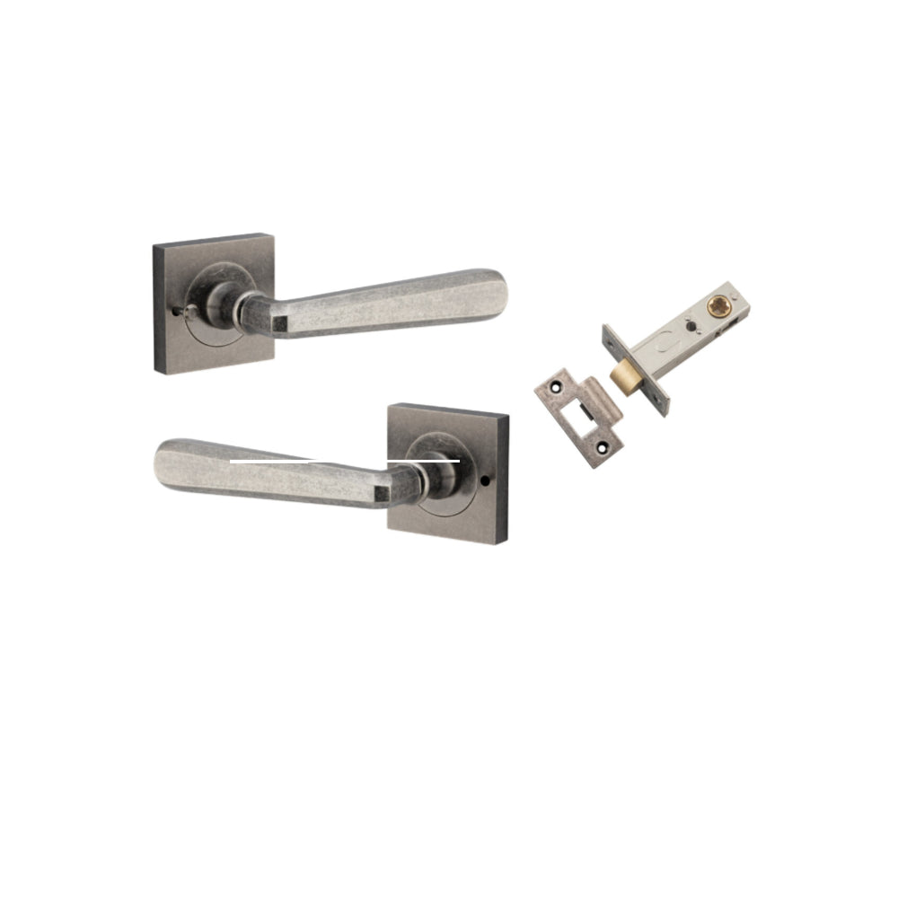 Door Lever Copenhagen Square Rose Inbuilt Privacy Pair Distressed Nickel H52xW52xP61mm with Tube Latch Privacy with Faceplate & T Striker Backset 60mm in Distressed Nickel