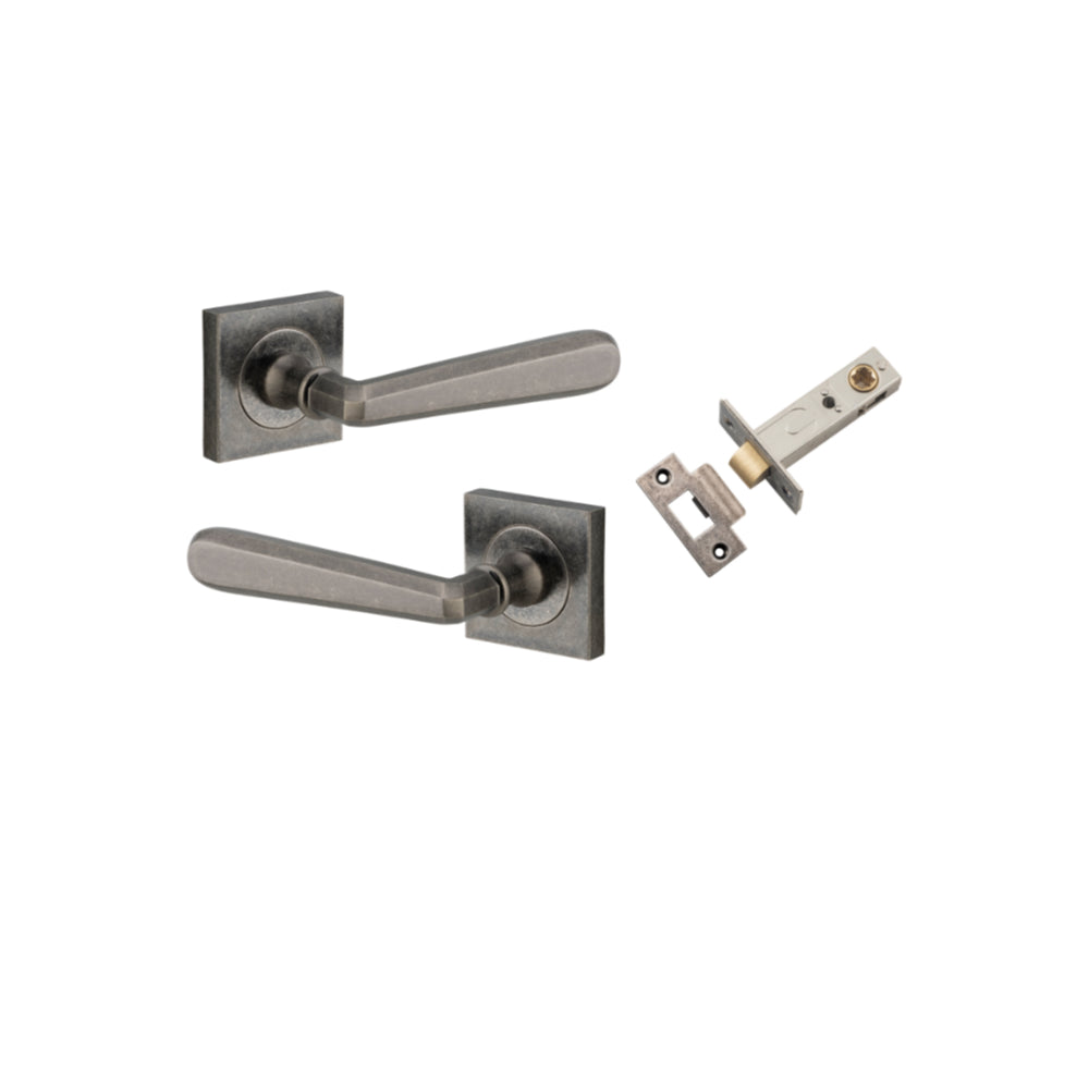 Door Lever Copenhagen Square Rose Distressed Nickel H52xW52xP61mm Passage Kit, Tube Latch Split Cam 'T' Striker Distressed Nickel Backset 60mm in Distressed Nickel