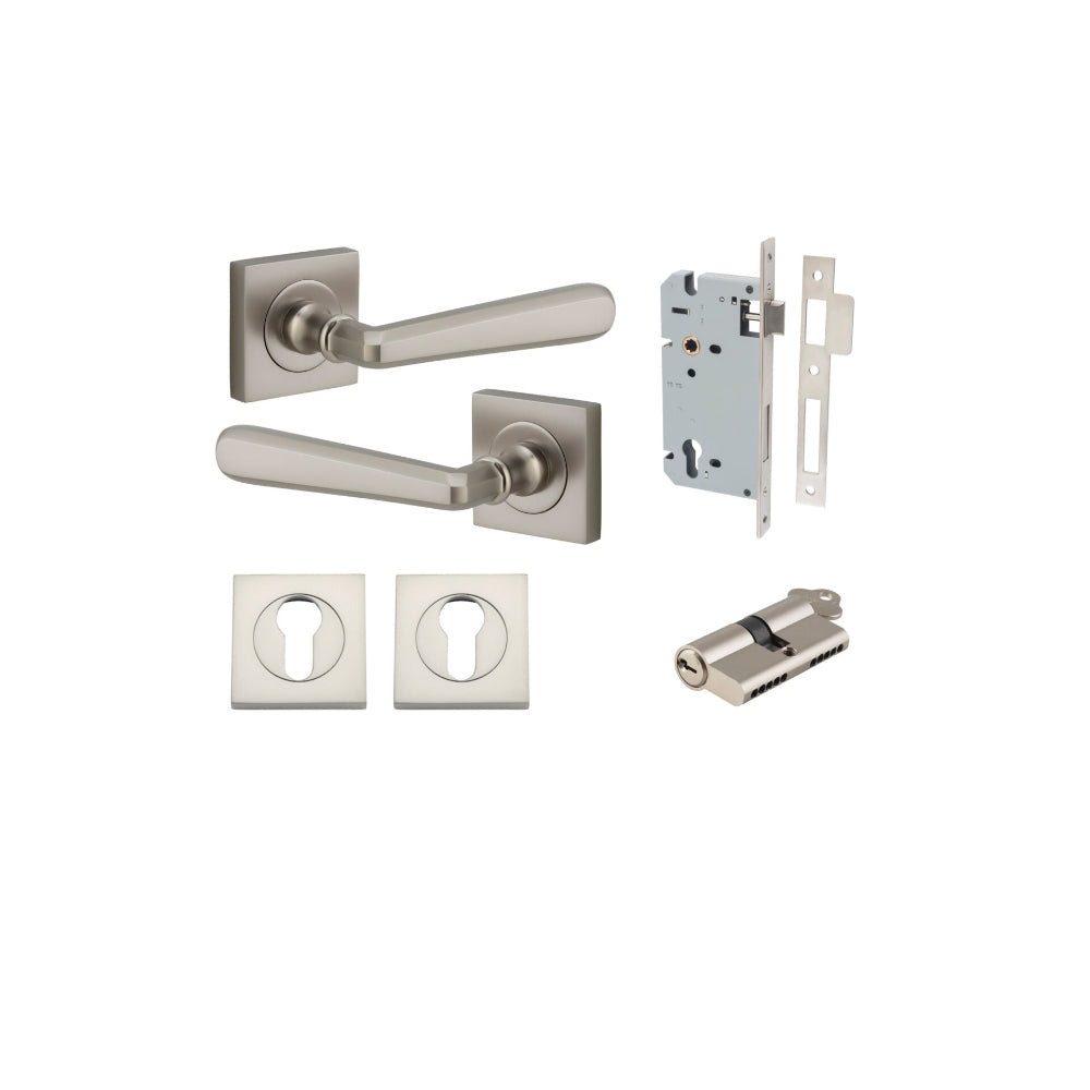 Door Lever Copenhagen Square Rose Satin Nickel H52xW52xP61mm Entrance Kit, Mortice Lock Euro Satin Nickel CTC85mm Backset 60mm, Euro Cylinder Dual Function 5 Pin Satin Nickel L65mm KA1, Escutcheon Euro Concealed Fix Square Pair Satin Nickel H52xW5… in Satin Nickel