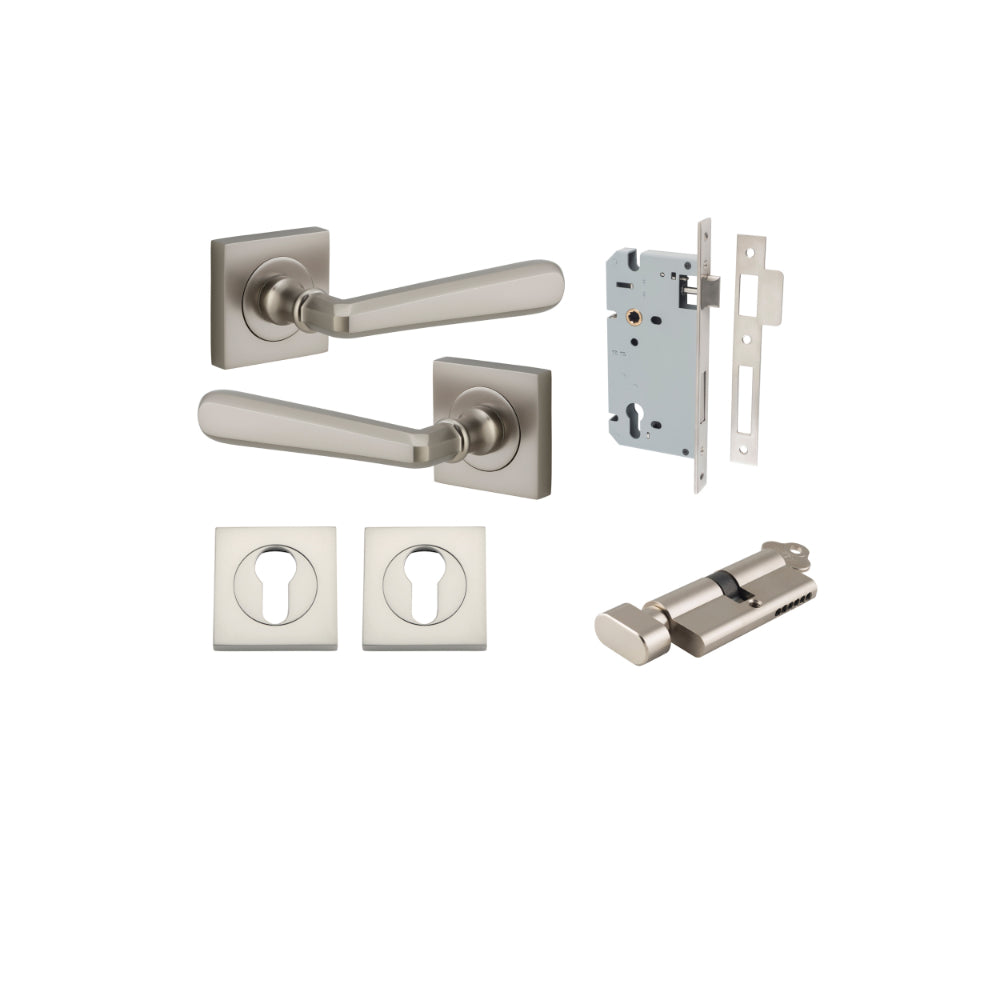 Door Lever Copenhagen Square Rose Satin Nickel H52xW52xP61mm Entrance Kit, Mortice Lock Euro Satin Nickel CTC85mm Backset 60mm, Euro Cylinder Key Thumb 6 Pin Satin Nickel L70mm KA1, Escutcheon Euro Concealed Fix Square Pair Satin Nickel H52xW52xP10mm in Satin Nickel