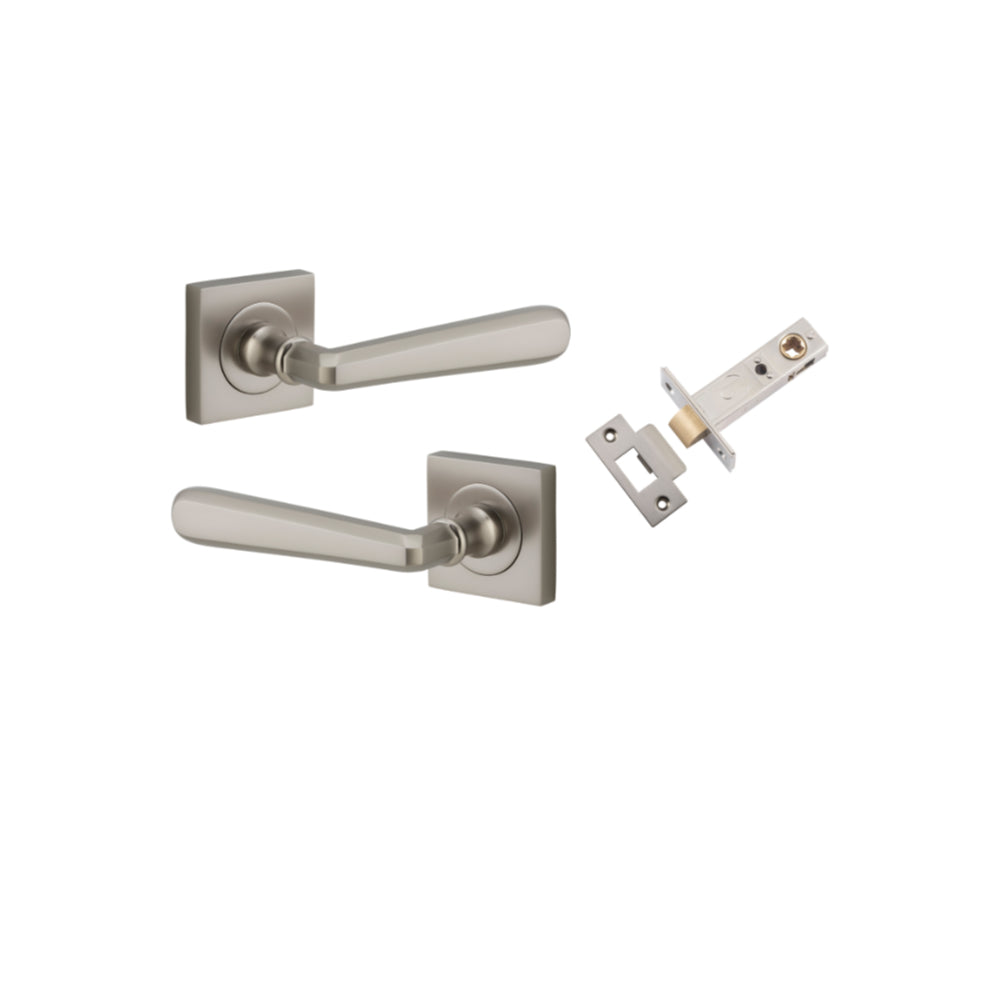 Door Lever Copenhagen Square Rose Satin Nickel H52xW52xP61mm Passage Kit, Tube Latch Split Cam 'T' Striker Satin Nickel Backset 60mm in Satin Nickel