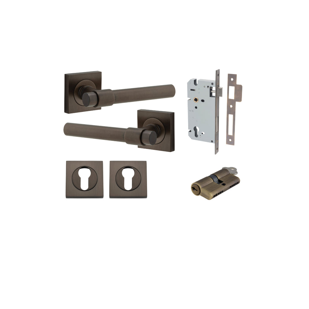 Door Lever Helsinki Square Rose Signature Brass H52xW52xP44mm Entrance Kit, Mortice Lock Euro Signature Brass CTC85mm Backset 60mm, Euro Cylinder Dual Function 5 Pin Signature Brass L65mm KA1, Escutcheon Euro Concealed Fix Square Pair Signature Bra… in Signature Brass