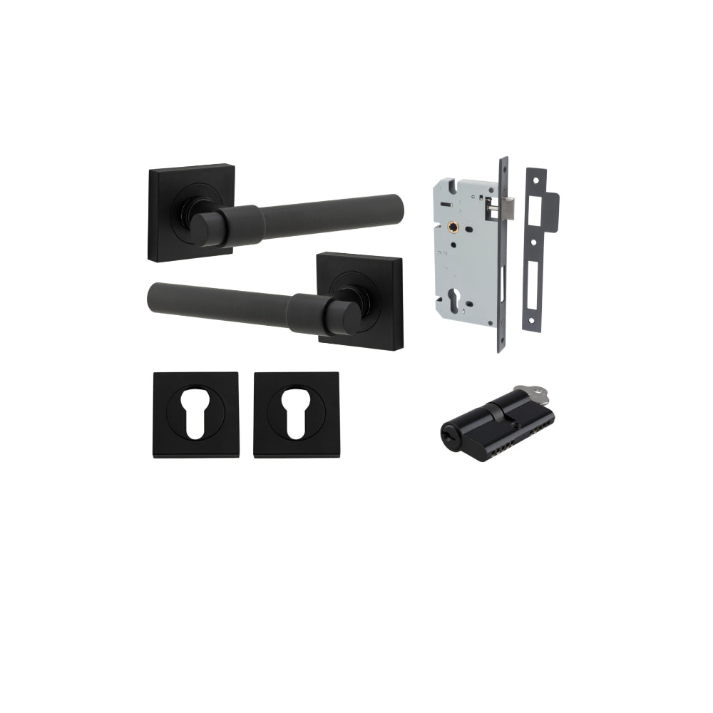 Door Lever Helsinki Square Rose Matt Black H52xW52xP44mm Entrance Kit, Mortice Lock Euro Matt Black CTC85mm Backset 60mm, Euro Cylinder Dual Function 5 Pin Matt Black L65mm KA1, Escutcheon Euro Concealed Fix Square Pair Matt Black H52xW52xP10mm in Matt Black