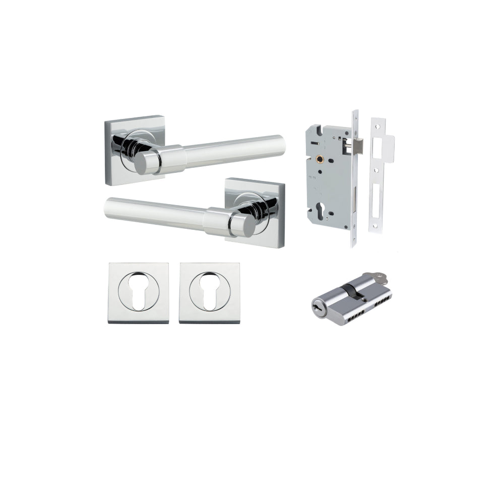 Door Lever Helsinki Square Rose Polished Chrome H52xW52xP44mm Entrance Kit, Mortice Lock Euro Polished Chrome CTC85mm Backset 60mm, Euro Cylinder Dual Function 5 Pin Polished Chrome L65mm KA1, Escutcheon Euro Concealed Fix Square Pair Polished Chr… in Polished Chrome