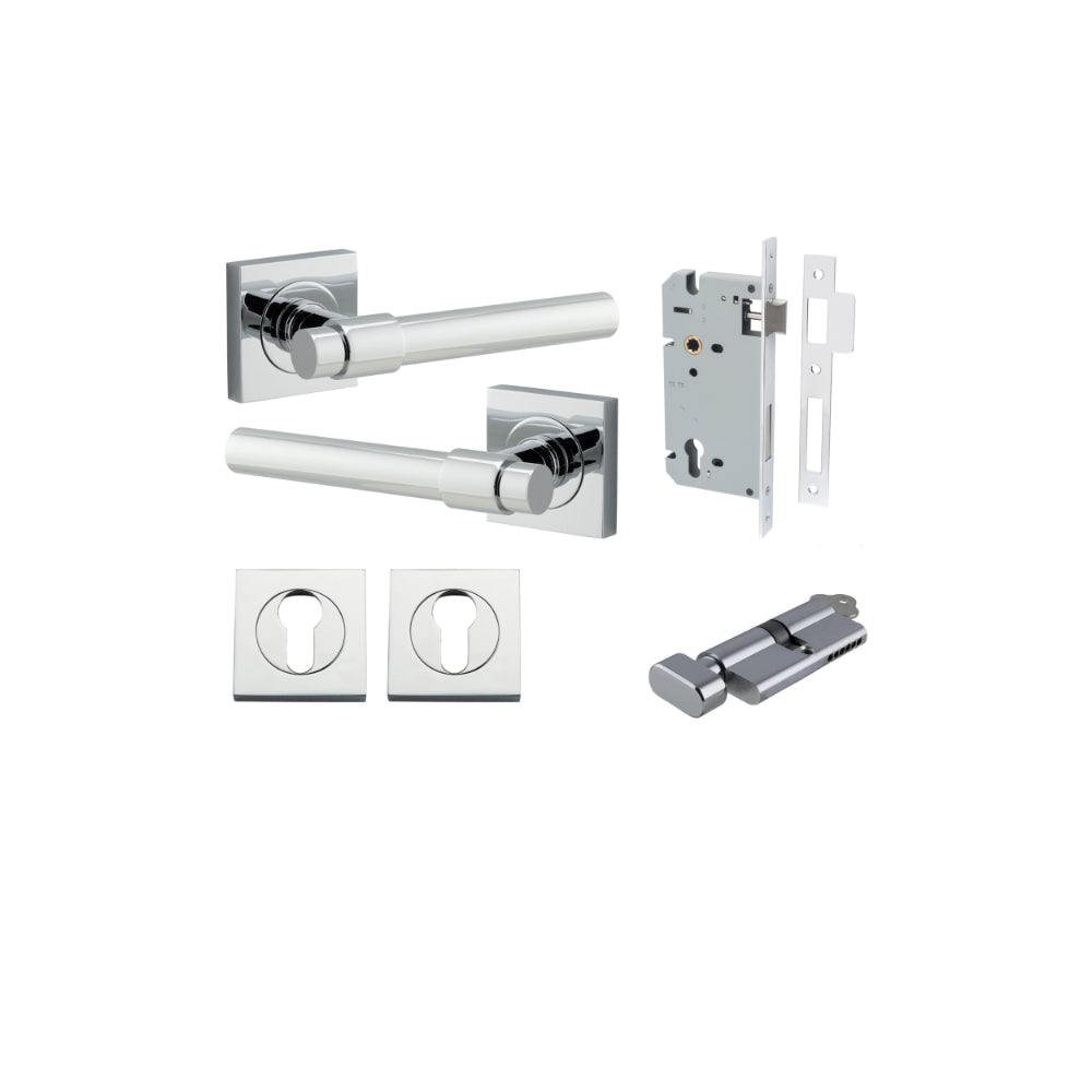 Door Lever Helsinki Square Rose Polished Chrome H52xW52xP44mm Entrance Kit, Mortice Lock Euro Polished Chrome CTC85mm Backset 60mm, Euro Cylinder Key Thumb 6 Pin Polished Chrome L70mm KA1, Escutcheon Euro Concealed Fix Square Pair Polished Chrome … in Polished Chrome