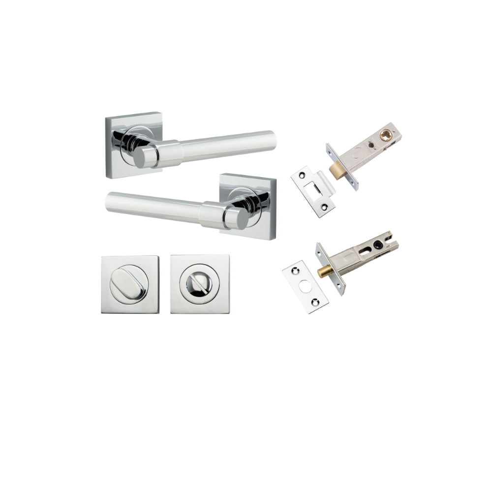 Door Lever Helsinki Square Rose Polished Chrome H52xW52xP44mm Privacy Kit, Tube Latch Split Cam 'T' Striker Polished Chrome Backset 60mm, Privacy Bolt Round Bolt Polished Chrome Backset 60mm, Privacy Turn Oval Concealed Fix Square Polished Chrome … in Polished Chrome