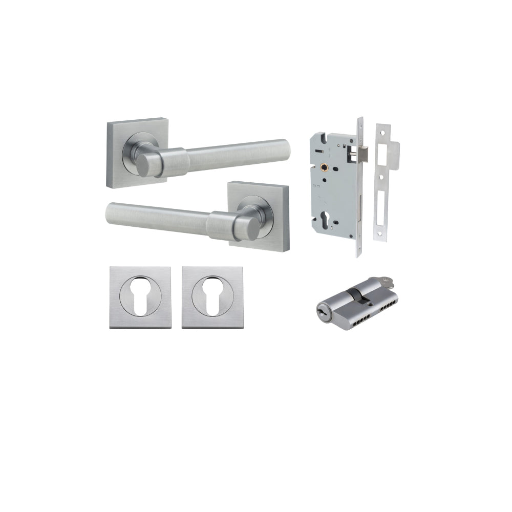 Door Lever Helsinki Square Rose Brushed Chrome H52xW52xP44mm Entrance Kit, Mortice Lock Euro Brushed Chrome CTC85mm Backset 60mm, Euro Cylinder Dual Function 5 Pin Brushed Chrome L65mm KA1, Escutcheon Euro Concealed Fix Square Pair Brushed Chrome … in Brushed Chrome