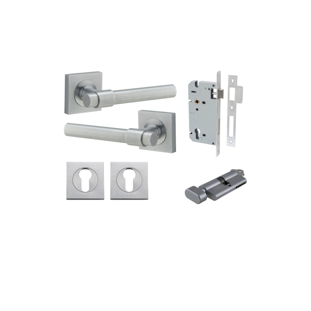 Door Lever Helsinki Square Rose Brushed Chrome H52xW52xP44mm Entrance Kit, Mortice Lock Euro Brushed Chrome CTC85mm Backset 60mm, Euro Cylinder Key Thumb 6 Pin Brushed Chrome L70mm KA1, Escutcheon Euro Concealed Fix Square Pair Brushed Chrome H52x… in Brushed Chrome