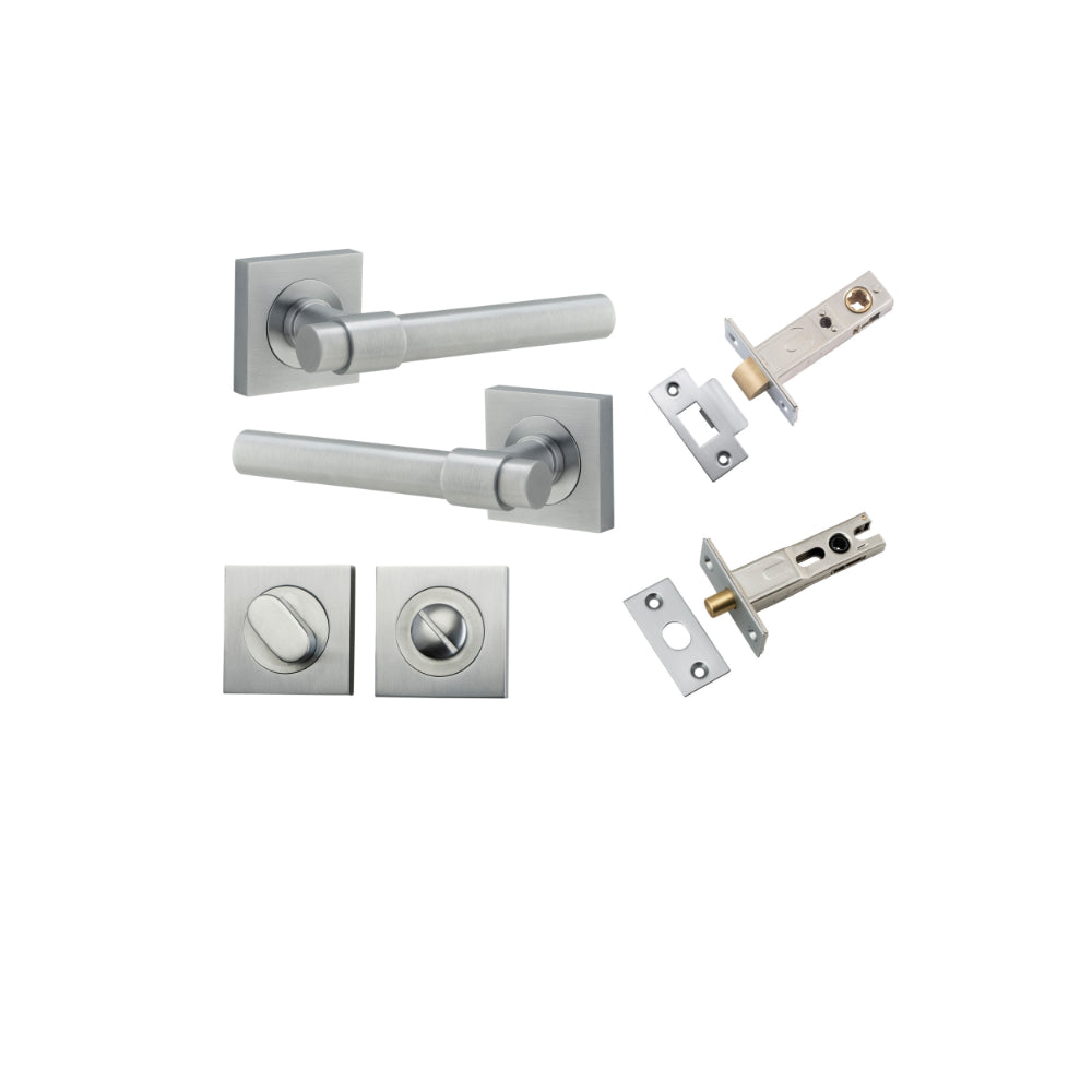 Door Lever Helsinki Square Rose Brushed Chrome H52xW52xP44mm Privacy Kit, Tube Latch Split Cam 'T' Striker Brushed Chrome Backset 60mm, Privacy Bolt Round Bolt Brushed Chrome Backset 60mm, Privacy Turn Oval Concealed Fix Square Brushed Chrome H52x… in Brushed Chrome