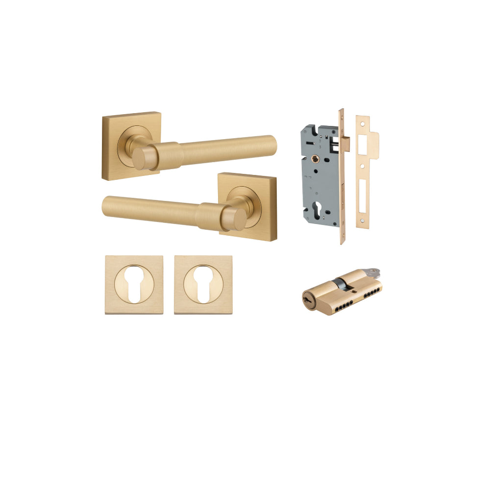 Door Lever Helsinki Square Rose Brushed Brass H52xW52xP44mm Entrance Kit, Mortice Lock Euro Brushed Brass CTC85mm Backset 60mm, Euro Cylinder Dual Function 5 Pin Brushed Brass L65mm KA1, Escutcheon Euro Concealed Fix Square Pair Brushed Brass H52x… in Brushed Brass