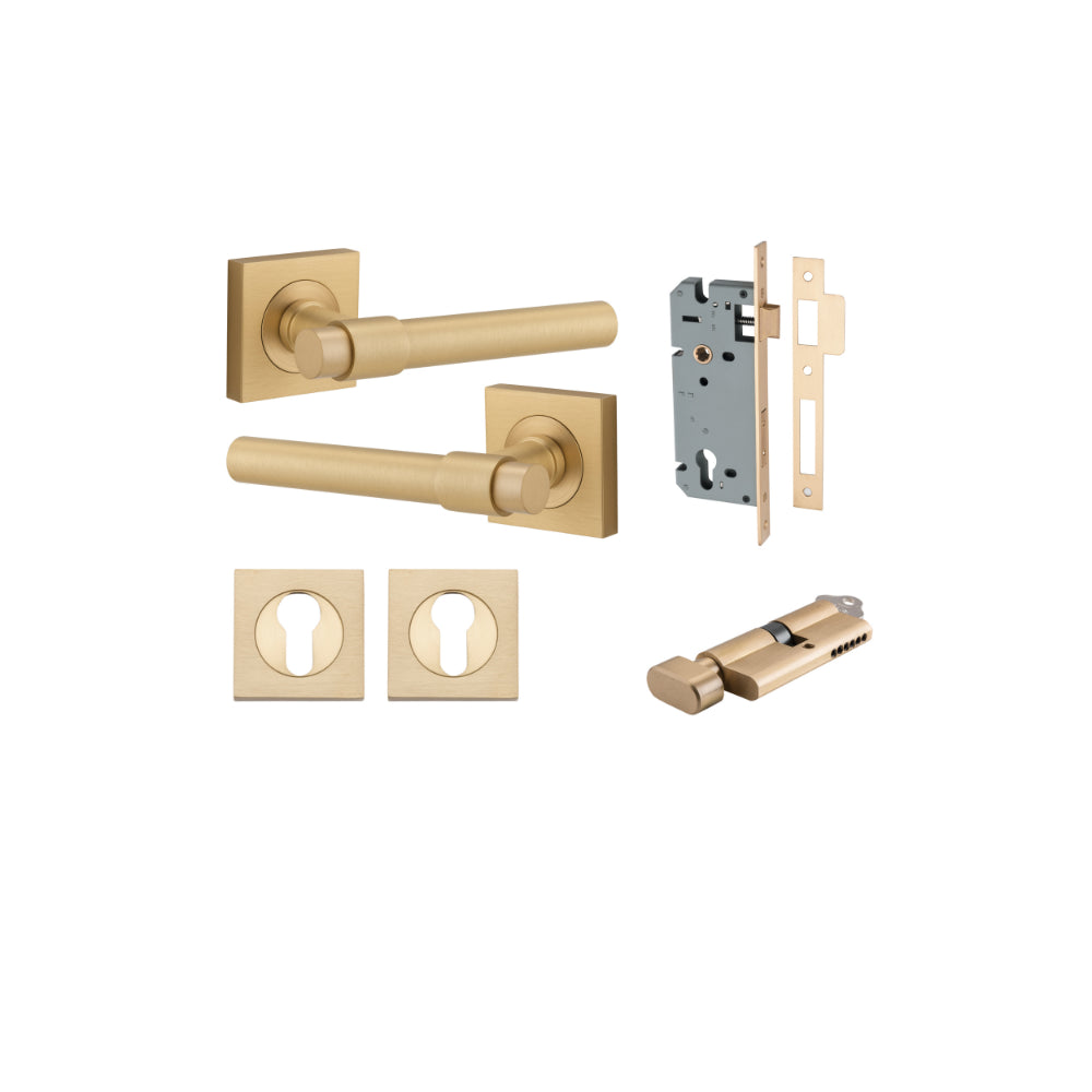 Door Lever Helsinki Square Rose Brushed Brass H52xW52xP44mm Entrance Kit, Mortice Lock Euro Brushed Brass CTC85mm Backset 60mm, Euro Cylinder Key Thumb 6 Pin Brushed Brass L70mm
KA1, Escutcheon Euro Concealed Fix Square Pair Brushed Brass H52xW… in Brushed Brass