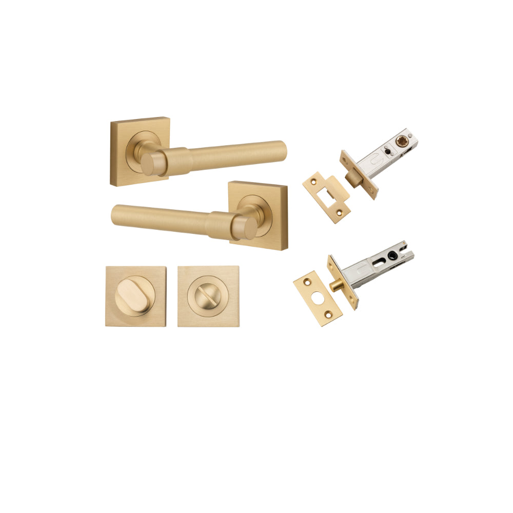 Door Lever Helsinki Square Rose Brushed Brass H52xW52xP44mm Privacy Kit, Tube Latch Split Cam 'T' Striker Brushed Brass Backset 60mm, Privacy Bolt Round Bolt Brushed Brass Backset 60mm, Privacy Turn Oval Concealed Fix Square Brushed Brass H52xW52x… in Brushed Brass