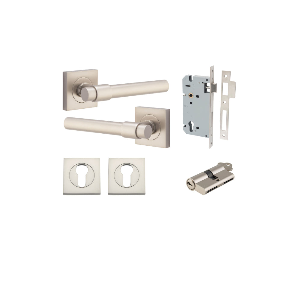 Door Lever Helsinki Square Rose Satin Nickel H52xW52xP44mm Entrance Kit, Mortice Lock Euro Satin Nickel CTC85mm Backset 60mm, Euro Cylinder Dual Function 5 Pin Satin Nickel L65mm KA1, Escutcheon Euro Concealed Fix Square Pair Satin Nickel H52xW52x… in Satin Nickel
