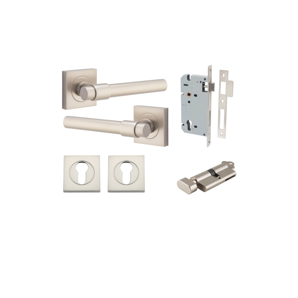 Door Lever Helsinki Square Rose Satin Nickel H52xW52xP44mm Entrance Kit, Mortice Lock Euro Satin Nickel CTC85mm Backset 60mm, Euro Cylinder Key Thumb 6 Pin Satin Nickel L70mm KA1, Escutcheon Euro Concealed Fix Square Pair Satin Nickel H52xW52xP10mm in Satin Nickel