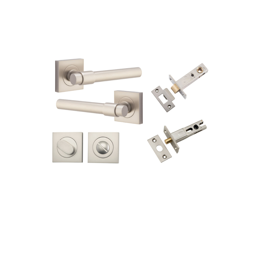 Door Lever Helsinki Square Rose Satin Nickel H52xW52xP44mm Privacy Kit, Tube Latch Split Cam 'T' Striker Satin Nickel Backset 60mm, Privacy Bolt Round Bolt Satin Nickel Backset 60mm, Privacy Turn Oval Concealed Fix Square Satin Nickel H52xW52xP23mm in Satin Nickel