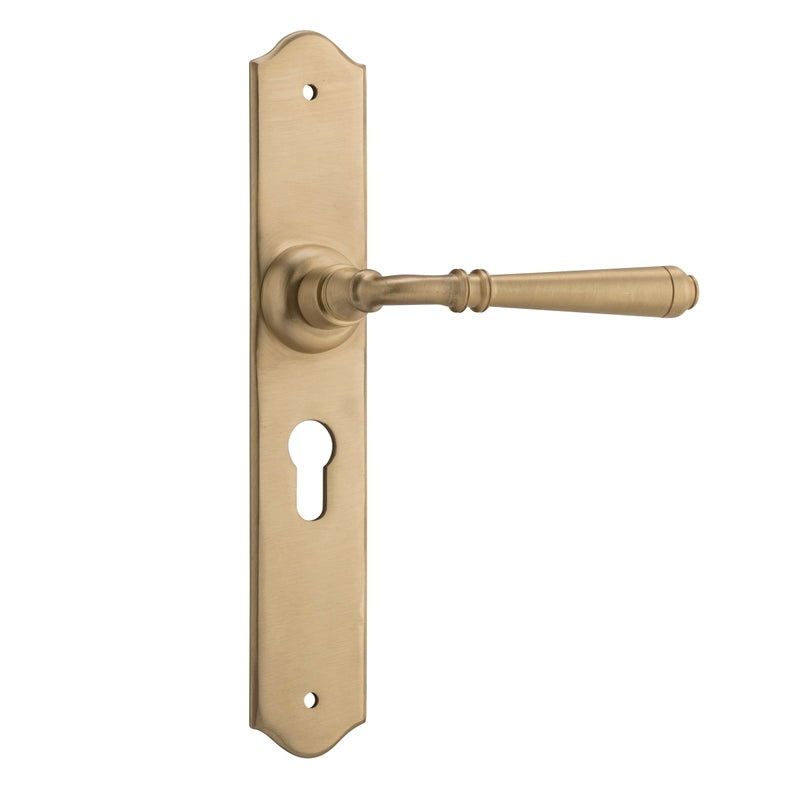 Door Lever Reims Euro Pair Unlacquered Satin Brass H240xW40xP70mm in Unlacquered Satin Brass