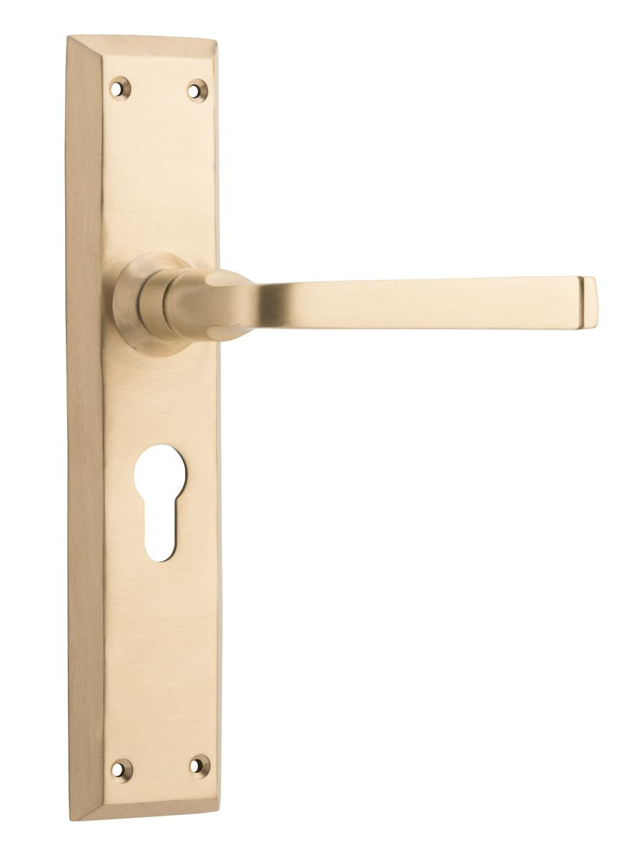 Door Lever Menton Euro Pair Unlacquered Satin Brass H225xW50xP75mm in Unlacquered Satin Brass