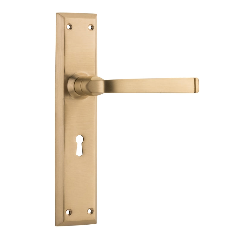 Door Lever Menton Lock Pair Unlacquered Satin Brass H225xW50xP75mm in Unlacquered Satin Brass