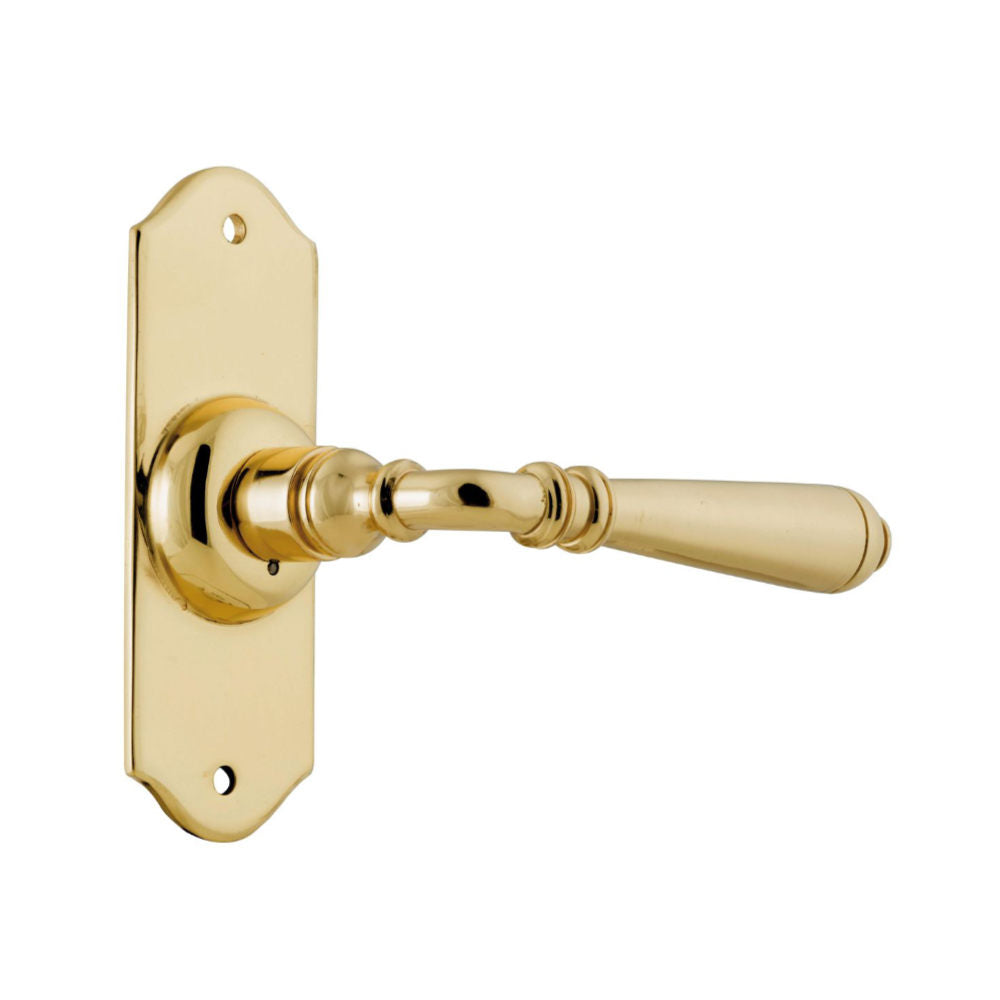 Door Lever Reims Latch Pair Unlacquered Polished Brass H110xW43xP65mm in Unlacquered Polished Brass