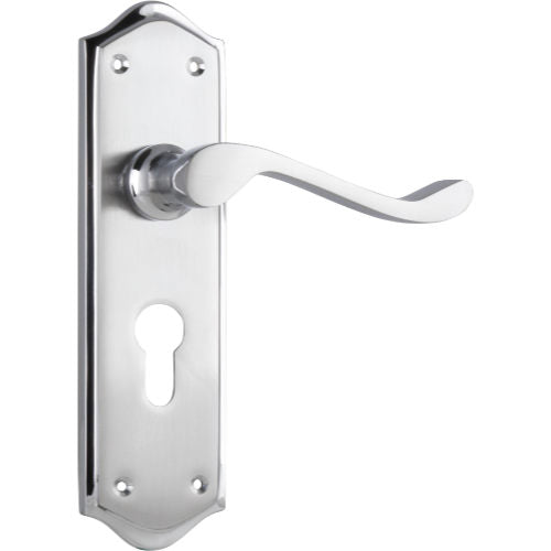 Door Lever Henley Euro Pair Satin Chrome H180xW50xP58mm in Satin Chrome