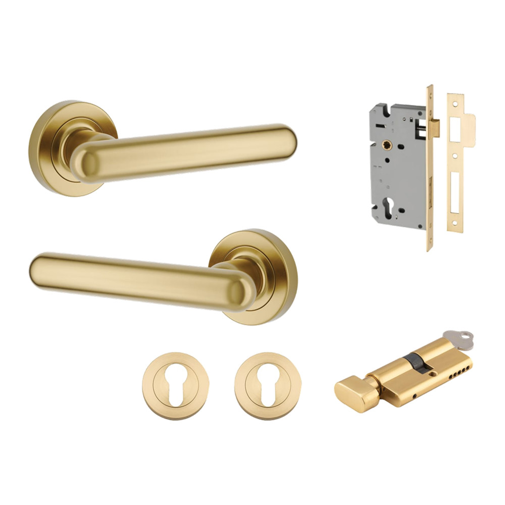 Door Lever Puerto Rose Round Brushed Gold PVD Key / Thumb Entrance Kit in Brushed Gold PVD