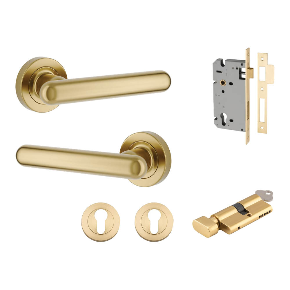 Pair of Iver Puerto Lever handles on round rose plates, featuring a sleek, modern design in a polished finish.