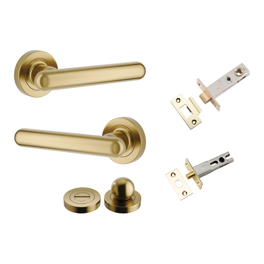 Pair of Iver Puerto Lever handles on round rose, featuring a sleek design with a polished finish, suitable for interior doors.