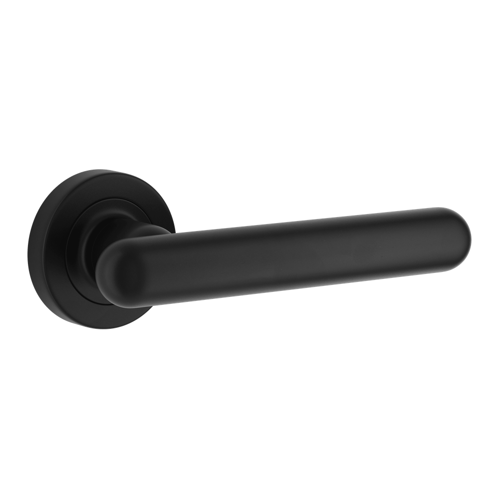 Door Lever Puerto Rose Round Latch Pair Matt Black L145xP61mm BPD52mm in Matt Black