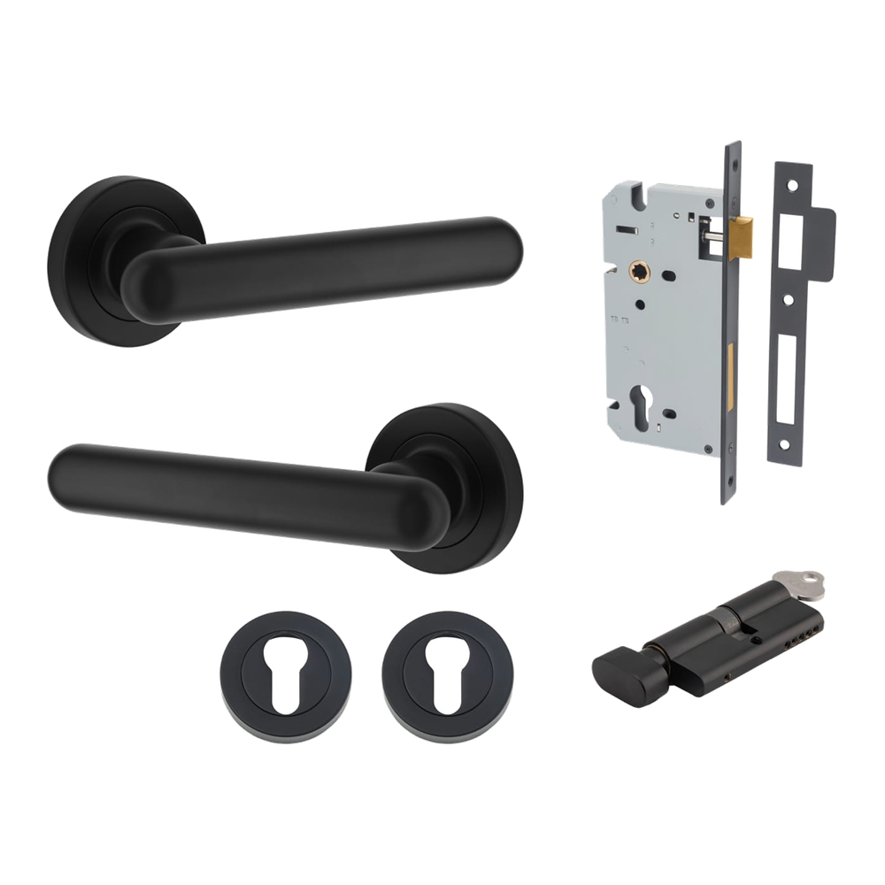 Pair of Iver Puerto Lever handles on round rose, featuring sleek black finish and modern design for interior door hardware.