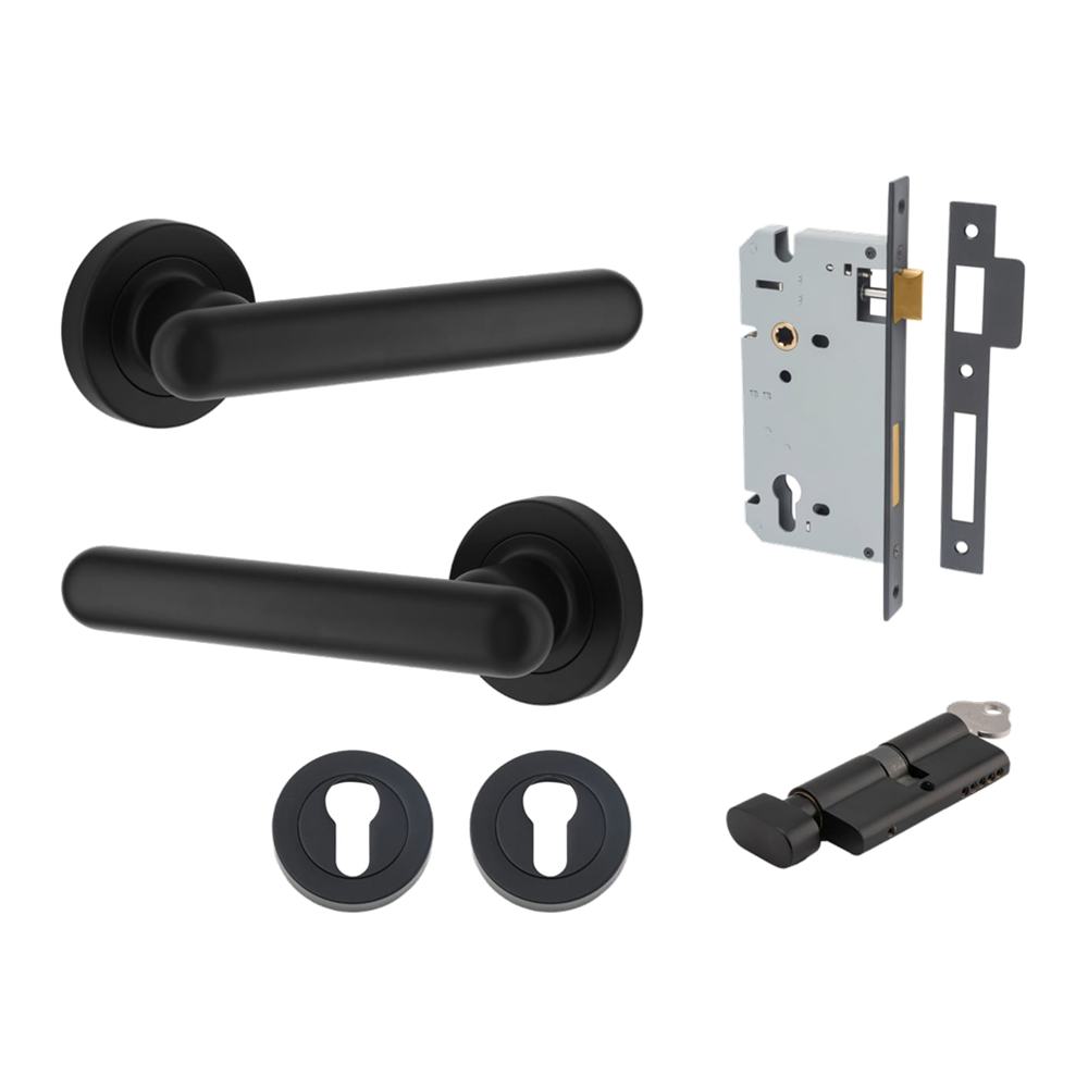 Door Lever Puerto Rose Round Matt Black Key / Thumb Entrance Kit in Matt Black