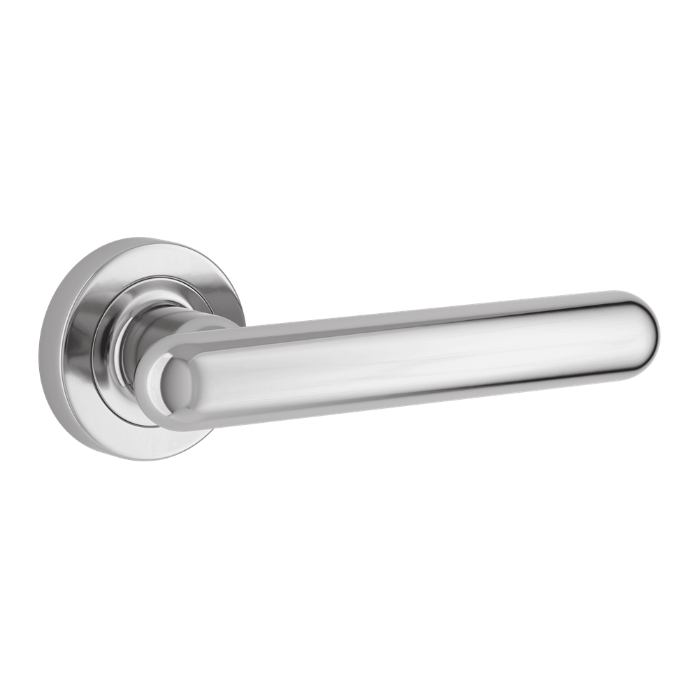 Door Lever Puerto Rose Round Latch Pair Polished Chrome L145xP61mm BPD52mm in Polished Chrome