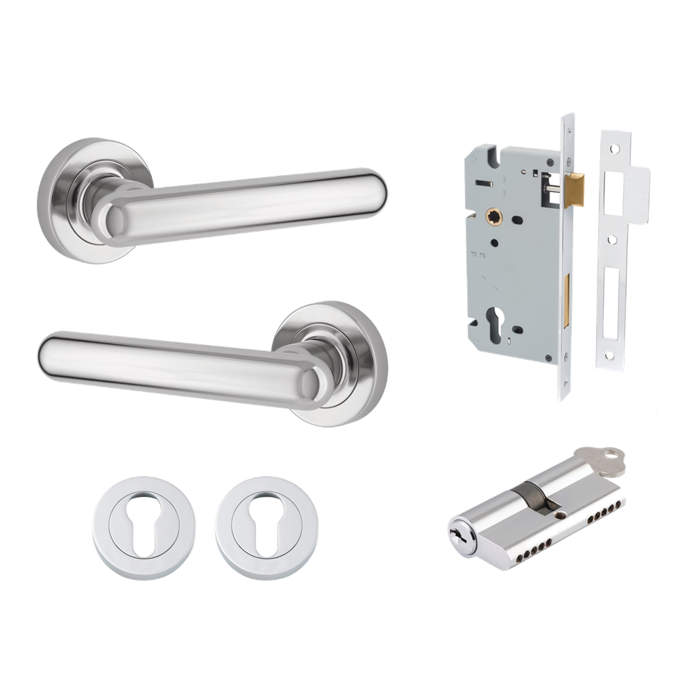 Pair of Iver Puerto lever handles on round rose plates, featuring a sleek, modern design in a polished finish.