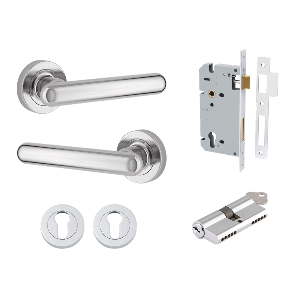Door Lever Puerto Rose Round Polished Chrome Key / Key Entrance Kit in Polished Chrome
