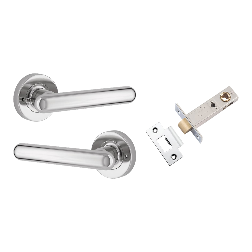 Pair of Iver Puerto Lever on Round Rose door handles in black finish, showing the elegant lever design and round mounting rose.