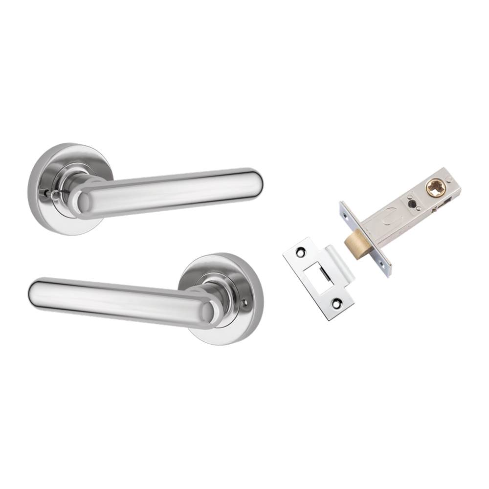 Door Lever Puerto Rose Round Polished Chrome Inbuilt Privacy Kit in Polished Chrome