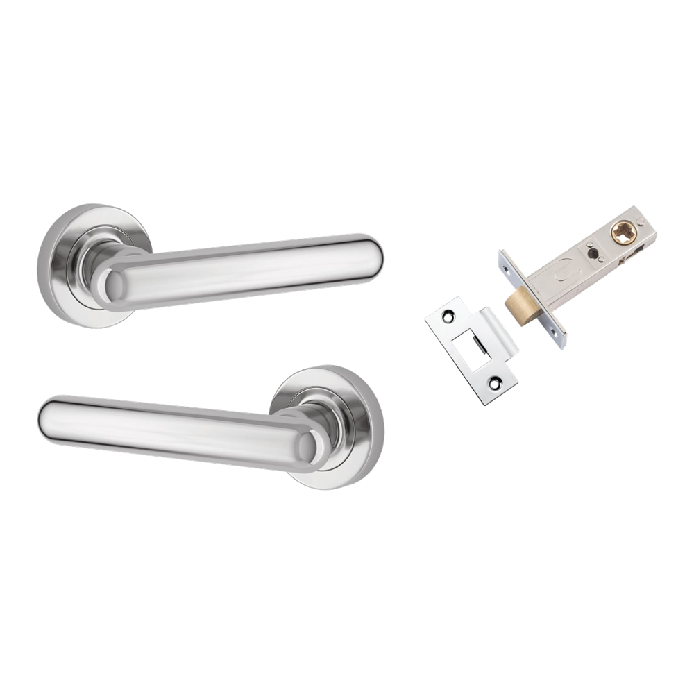 Pair of Iver Puerto lever handles on round rose, featuring a sleek design in black finish for interior door hardware.