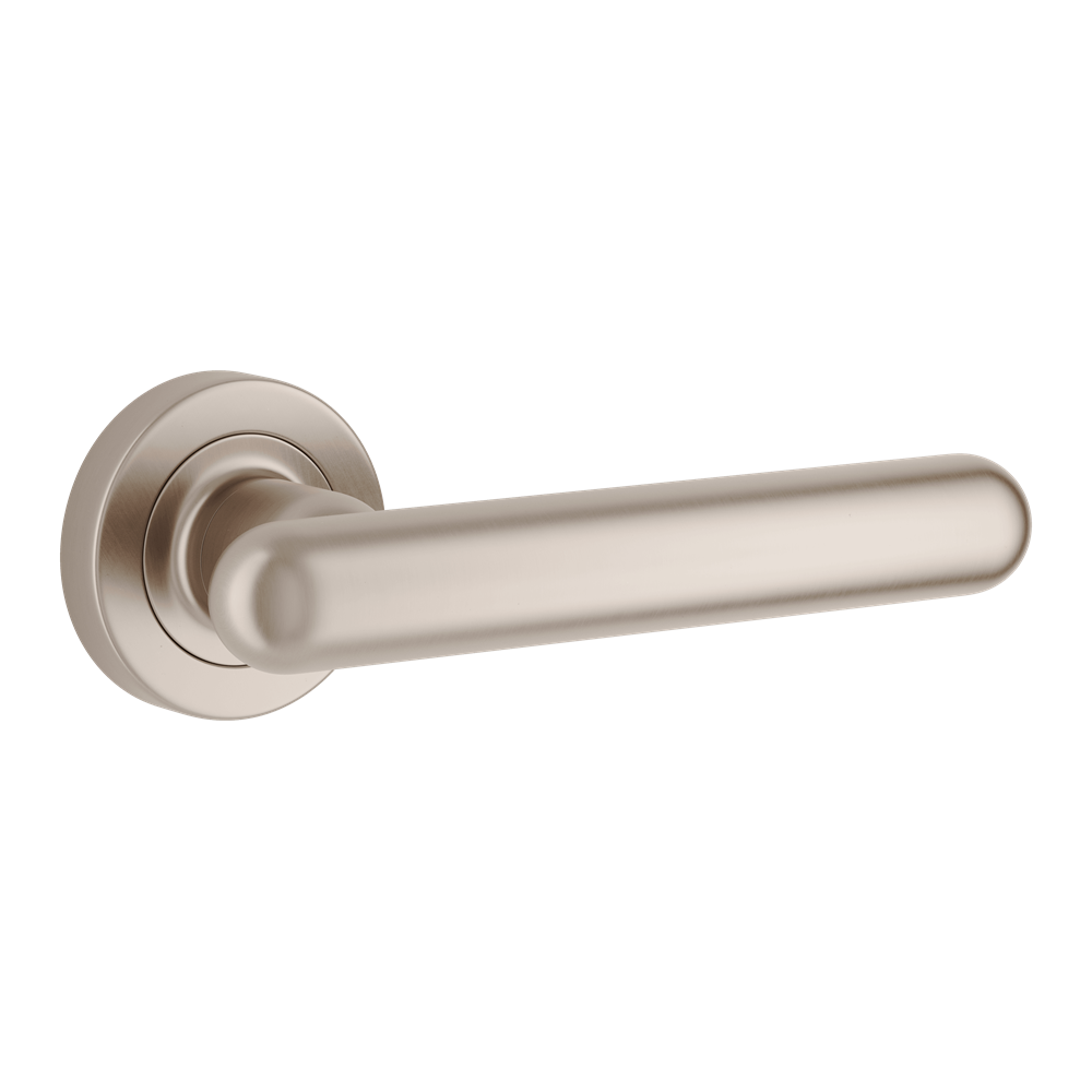 Door Lever Puerto Rose Round Latch Pair Satin Nickel L145xP61mm BPD52mm in Satin Nickel
