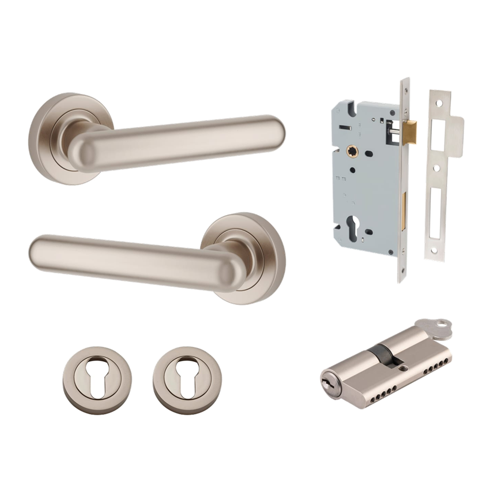 Door Lever Puerto Rose Round Satin Nickel Key / Key Entrance Kit in Satin Nickel