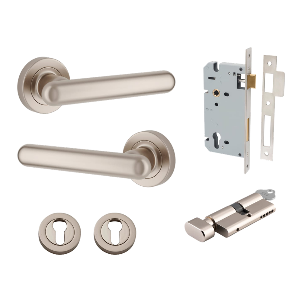 Door Lever Puerto Rose Round Satin Nickel Key / Thumb Entrance Kit in Satin Nickel