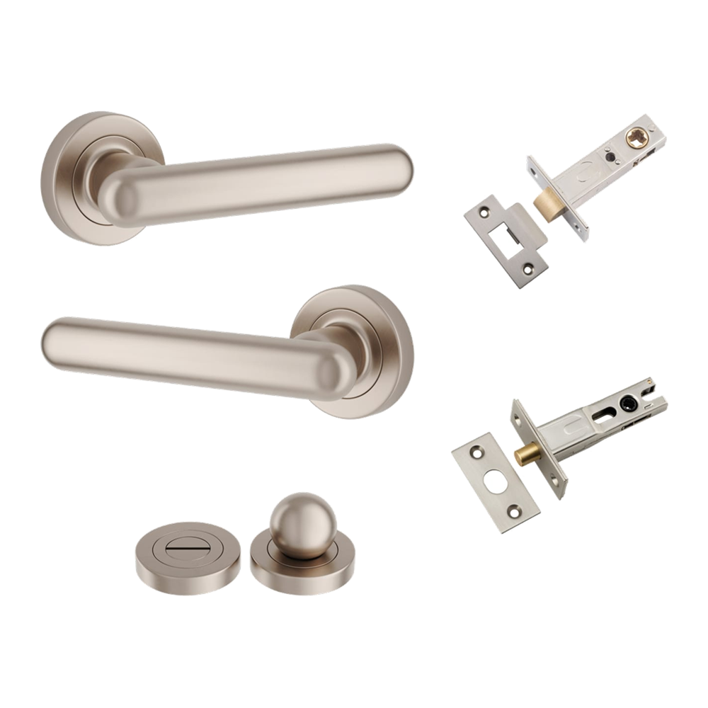 Door Lever Puerto Rose Round Satin Nickel Privacy Kit in Satin Nickel