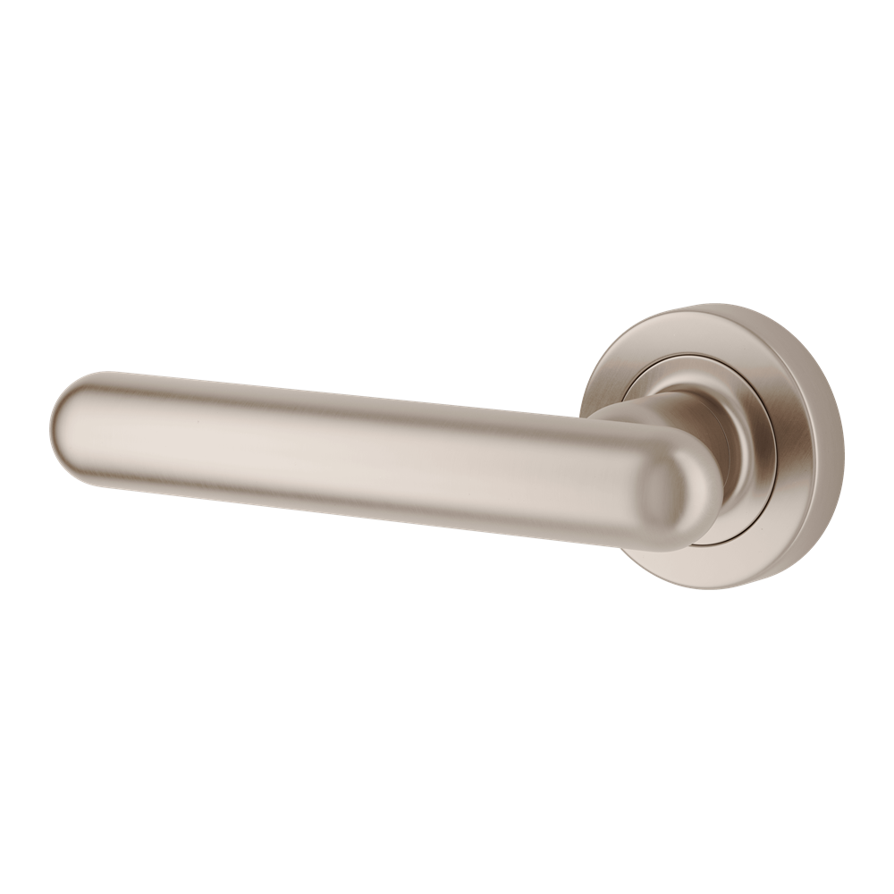 Door Lever Puerto Rose Round Fixed Left Hand Satin Nickel L145xP61mm BPD52mm in Satin Nickel