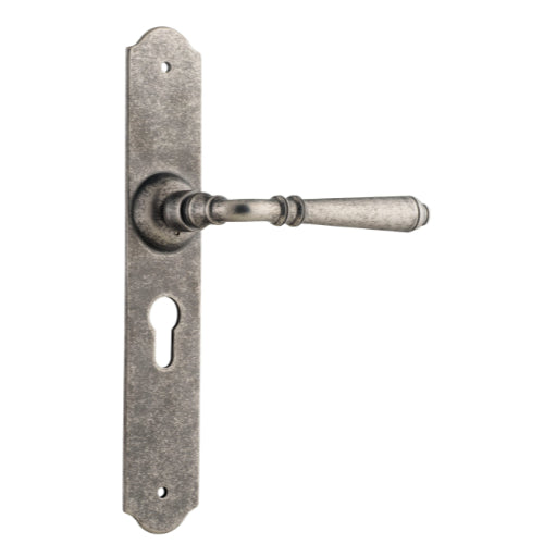 Pair of Tradco Reims lever door handles on long backplates, featuring a stylish black finish and modern design.