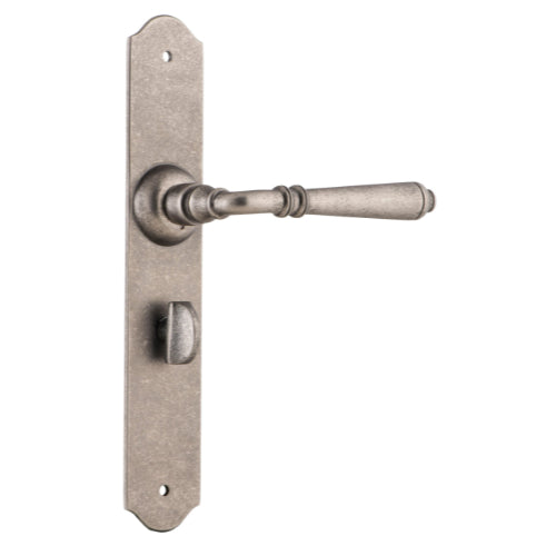 Pair of Tradco Reims Lever on Long Backplate door handles, with polished metal finish and classic design.