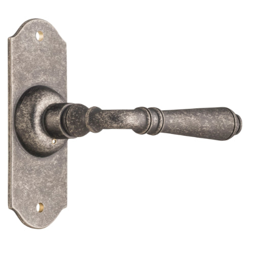 Door Lever Reims Latch Pair Rumbled Nickel H110xW43xP65mm in Rumbled Nickel