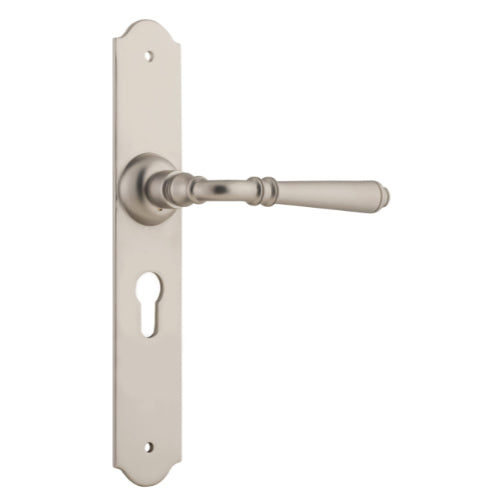 Pair of Tradco Reims lever door handles on long backplates, featuring elegant lever style in a polished finish.