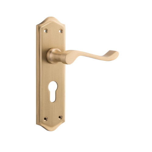 Door Lever Henley Euro Pair Satin Brass H180xW50xP58mm in Satin Brass