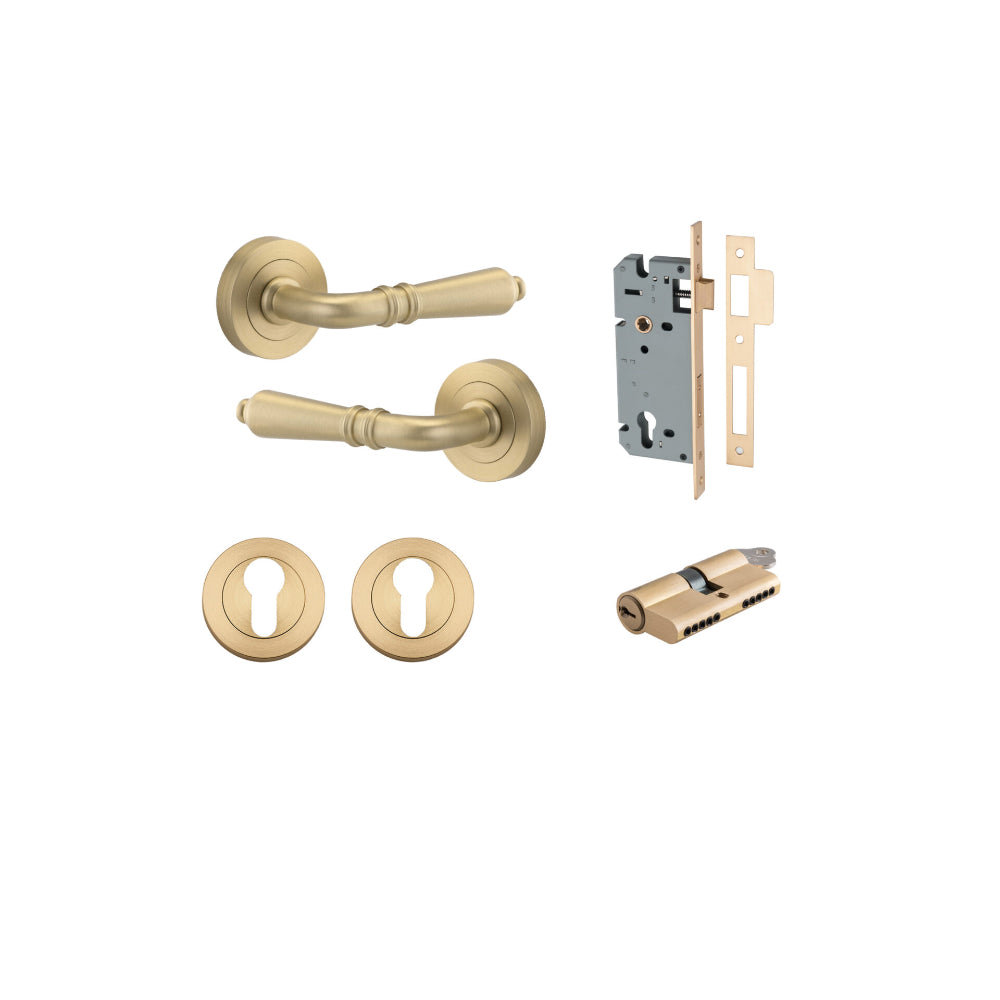 Door Lever Sarlat Round Rose Pair Brushed Brass D52xP58mm Entrance Kit, Mortice Lock Euro Brushed Brass CTC85mm Backset 60mm, Euro Cylinder Dual Function 5 Pin Brushed Brass L65mm KA1, Escutcheon Euro Concealed Fix Round Pair Brushed Brass D52xP10mm in Brushed Brass