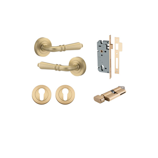 Door Lever Sarlat Round Rose Pair Brushed Brass D52xP58mm Entrance Kit, Mortice Lock Euro Brushed Brass CTC85mm Backset 60mm, Euro Cylinder Key Thumb 6 Pin Brushed Brass L70mm  
 KA1, Escutcheon Euro Concealed Fix Round Pair Brushed Brass D52xP10mm in Br