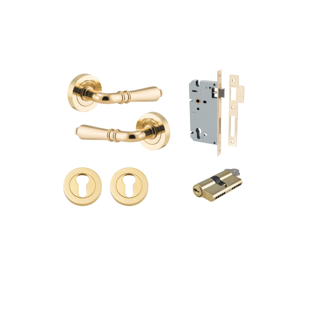 Door Lever Sarlat Round Rose Pair Polished Brass D52xP58mm Entrance Kit, Mortice Lock Euro Polished Brass CTC85mm Backset 60mm, Euro Cylinder Dual Function 5 Pin Polished Brass L65mm KA1, Escutcheon Euro Concealed Fix Round Pair Polished Brass D52… in Polished Brass